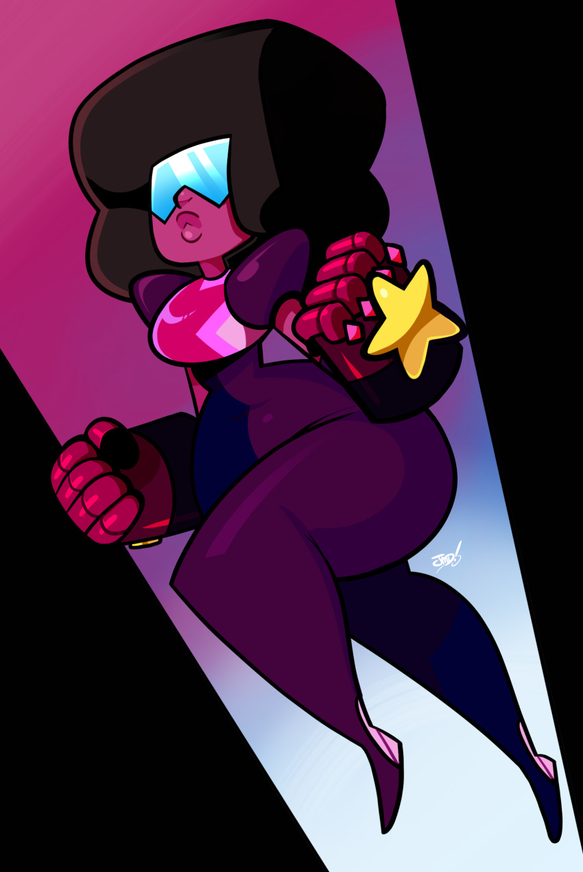 1girl absurdres afro artist_name bare_arms bare_hips bare_legs bodysuit clenched_hands curvy garnet_(steven_universe) highres jmdurden legs lips navel nose signature solo steven_universe thick_thighs thighs wide_hips