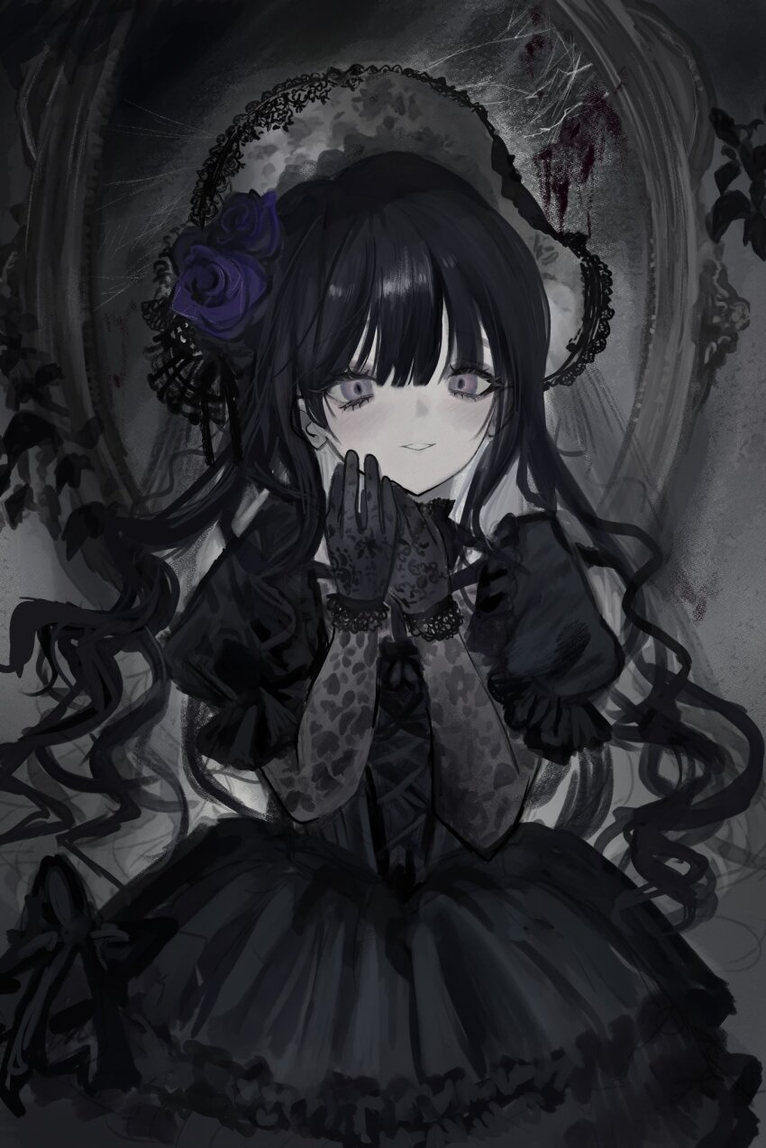 1girl akai_ringo_(eveyuno) black_bow black_dress blush bow corset cross-laced_hairband dress flower gloves gothic_lolita grey_eyes hair_flower hair_ornament headdress highres lace lace_gloves lolita_fashion looking_at_viewer original puffy_sleeves smile solo twintails