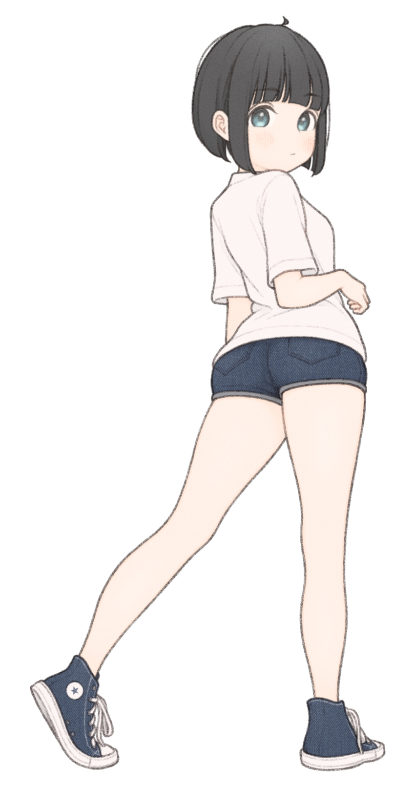 1girl 1ssakawaguchi absurdres ahoge ass blue_footwear blue_shorts blunt_bangs blunt_ends blush bob_cut breasts closed_mouth commentary converse denim denim_shorts dot_mouth expressionless from_behind from_side green_eyes hand_up heel_up highres ichika_(1ssakawaguchi) legs_apart light_blush looking_at_viewer looking_to_the_side original shirt shoes short_hair short_shorts shorts simple_background small_breasts sneakers solo standing star_(symbol) t-shirt white_background white_shirt white_trim