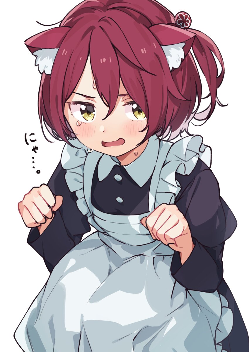 1girl absurdres animal_ear_fluff animal_ears apron black_dress blush cat_ears collared_dress commentary_request cowboy_shot dress frilled_apron frills highres komari_chika maid maid_apron make_heroine_ga_oo_sugiru! monon_tulle open_mouth paw_pose red_hair short_hair solo sound_effects squatting sweat white_apron white_background yellow_eyes