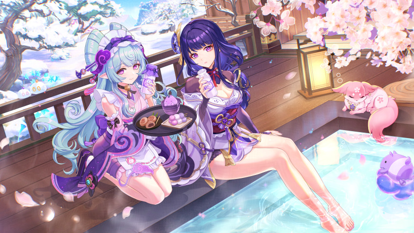 2girls animal animalization aqua_hair aratakosu_(tako&#039;s) armor bare_shoulders barefoot black_choker blue_pupils bow bowtie braid breasts bridal_gauntlets choker cleavage dango dango_milk_(genshin_impact) detached_sleeves drink electro_symbol_(genshin_impact) fan_hair_ornament feet flower food fox frilled_hairband frills genshin_impact hair_flower hair_ornament hairband highres holding holding_drink japanese_clothes kimono lantern legs long_hair looking_at_viewer low-braided_long_hair low-tied_long_hair milk mole mole_under_eye multiple_girls nail_polish obi obiage obijime onsen parted_bangs pink_fur pink_kimono pointy_ears purple_eyes purple_hair purple_kimono purple_nails raiden_shogun red_bow red_bowtie red_ribbon red_sash ribbon sanshoku_dango sash shoulder_armor shrug_(clothing) sidelocks slime_(genshin_impact) snow toenail_polish toenails tray tree vision_(genshin_impact) wagashi water yae_miko yae_miko_(fox) yumemizuki_mizuki