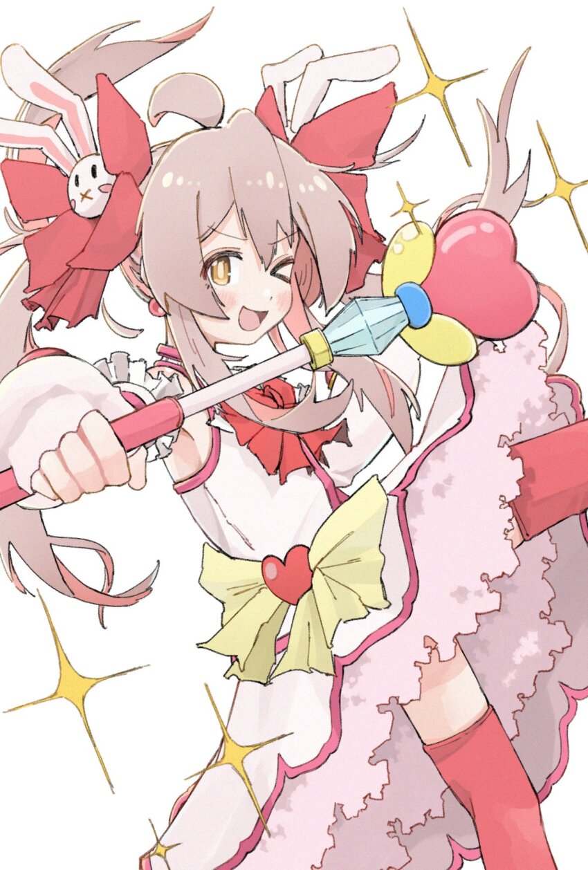 &gt;_o 1girl :x ;d ahoge blush bow bowtie brown_eyes commentary cosplay detached_sleeves dress earrings grey_hair hair_bow hair_ornament heart highres holding holding_wand jewelry long_hair long_sleeves looking_at_viewer magical_girl multicolored_hair one_eye_closed onii-chan_wa_oshimai! open_mouth oyama_mahiro petticoat pink_hair rabbit_hair_ornament red_bow red_bowtie red_thighhighs simple_background smile solo sparkle thighhighs twintails two-tone_hair wand white_background white_dress yuzuponzup zettai_ryouiki