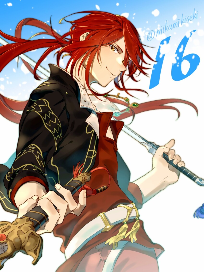 1boy aaron_wei countdown cropped_jacket dual_wielding eiyuu_densetsu floating_hair gradient_background hair_between_eyes highres holding holding_sword holding_weapon jian_(weapon) kai_no_kiseki kuro_no_kiseki_(series) looking_at_viewer male_focus mikamikiseki parted_bangs ponytail red_hair sidelocks signature simple_background smile solo sword twitter_username two-tone_background weapon yellow_eyes