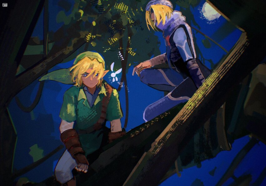 1boy 1girl belt blonde_hair blue_eyes earrings fairy gloves green_tunic hat highres in_tree jewelry lilium815719 link navi night nintendo pointy_ears reverse_trap sheik short_hair sitting sitting_in_tree the_legend_of_zelda the_legend_of_zelda:_ocarina_of_time tree tunic turban