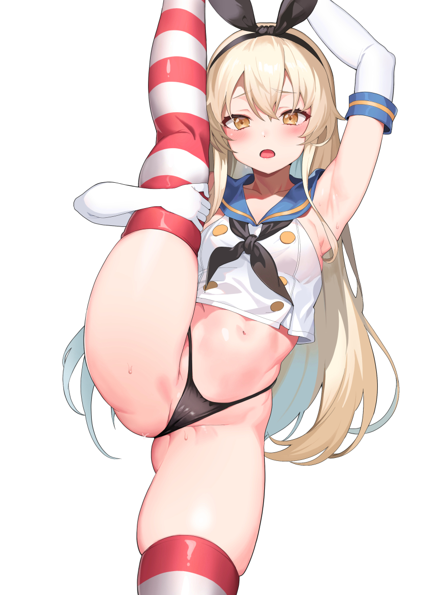 1girl absurdres and-j_(dlwjdqja1212) black_panties blonde_hair blush buttons double-breasted elbow_gloves gloves hairband highleg highleg_panties highres kantai_collection long_hair looking_at_viewer navel open_mouth panties sailor_collar school_uniform serafuku shimakaze_(kancolle) solo split standing standing_on_one_leg standing_split striped_clothes striped_thighhighs thighhighs thong underwear white_gloves yellow_eyes