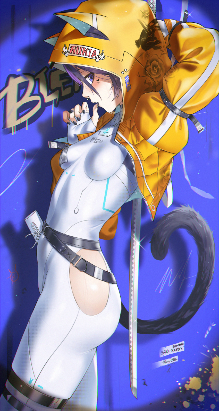 1girl absurdres alternate_costume animal_ears biting biting_own_thumb black_nails bleach bodysuit cat_ears cat_tail character_name cropped_jacket facial_tattoo fake_animal_ears highres hip_vent holding holding_sword holding_weapon hood hood_up hooded_jacket jacket katana kuchiki_rukia nail_polish nose_piercing nose_ring piercing print_jacket profile short_hair solo sword tail tattoo biting_own_thumb waligner weapon white_bodysuit yellow_jacket