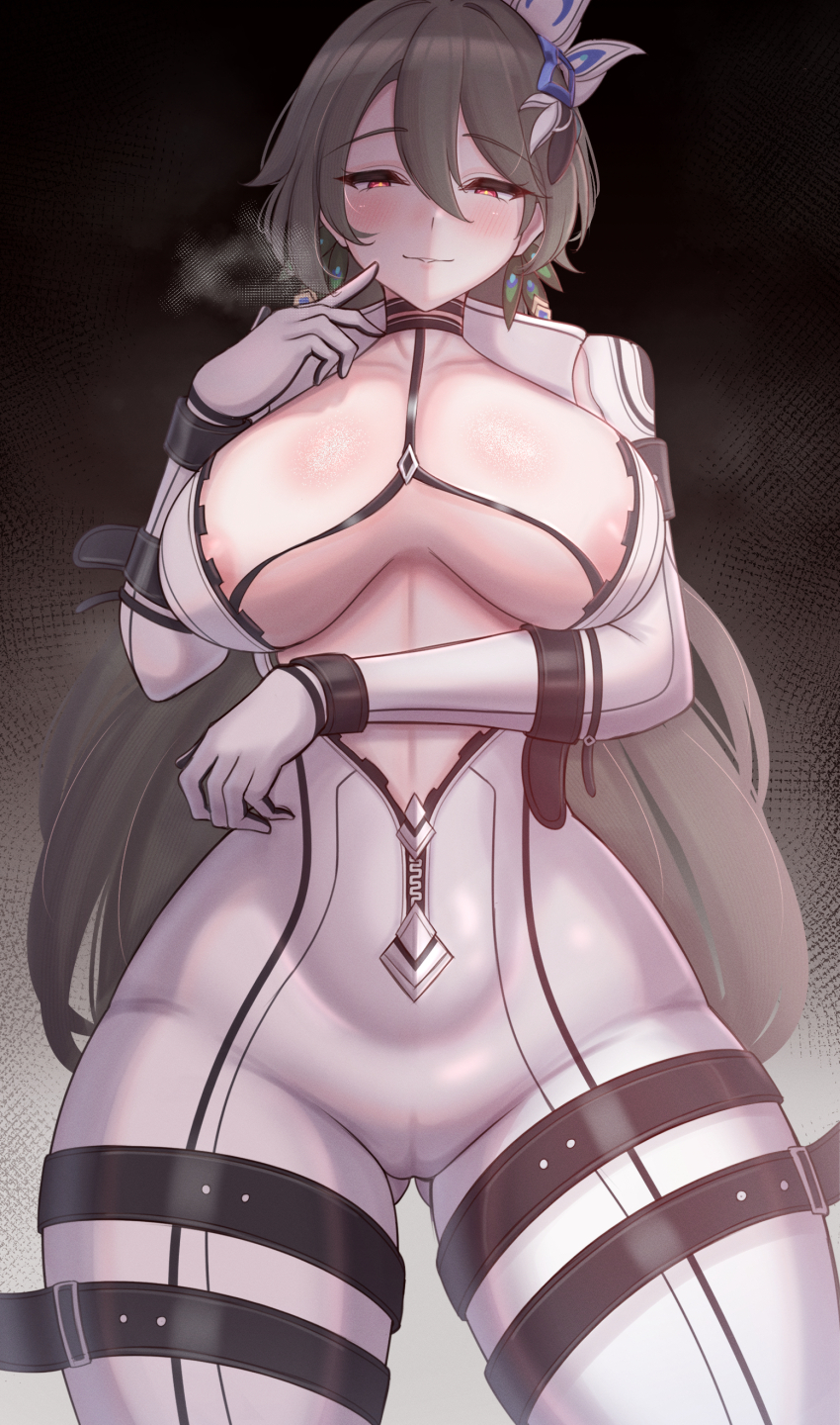 1girl absurdres areola_slip black_background bodysuit breasts cameltoe front_zipper gluteal_fold grey_hair hair_between_eyes hair_ornament highres honkai_(series) honkai_impact_3rd large_breasts laxiusart long_hair looking_at_viewer official_alternate_costume plugsuit red_eyes very_long_hair vita_(bodysuit)_(honkai_impact) vita_(honkai_impact) white_bodysuit