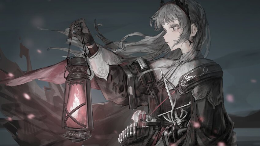 1girl absurdres ammunition arknights black_gloves blurry blurry_background earrings floating_earring from_side gloves grey_eyes grey_hair highres holding holding_lantern irene_(arknights) jewelry lantern long_hair night night_sky nueegochi sky solo sword tiara upper_body weapon