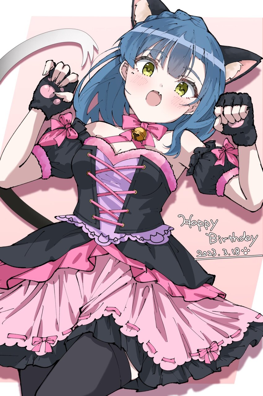 1girl animal_ear_fluff animal_ears arm_garter bare_shoulders bell black_gloves black_thighhighs blue_hair blush border bow braid breasts cat_ears cat_tail cleavage cowboy_shot dated dress dress_bow fake_animal_ears fake_tail fang fingerless_gloves fur-trimmed_dress fur_trim gloves hands_up happy_birthday highres idolmaster idolmaster_million_live! idolmaster_million_live!_theater_days jingle_bell kinton layered_dress looking_at_viewer medium_breasts nanao_yuriko neck_bell neck_ribbon open_mouth outside_border paw_pose pink_background pink_bow pink_ribbon pink_trim ribbon ribbon-trimmed_dress short_hair simple_background sleeveless sleeveless_dress smile solo standing tail thighhighs two-tone_dress white_border yellow_eyes