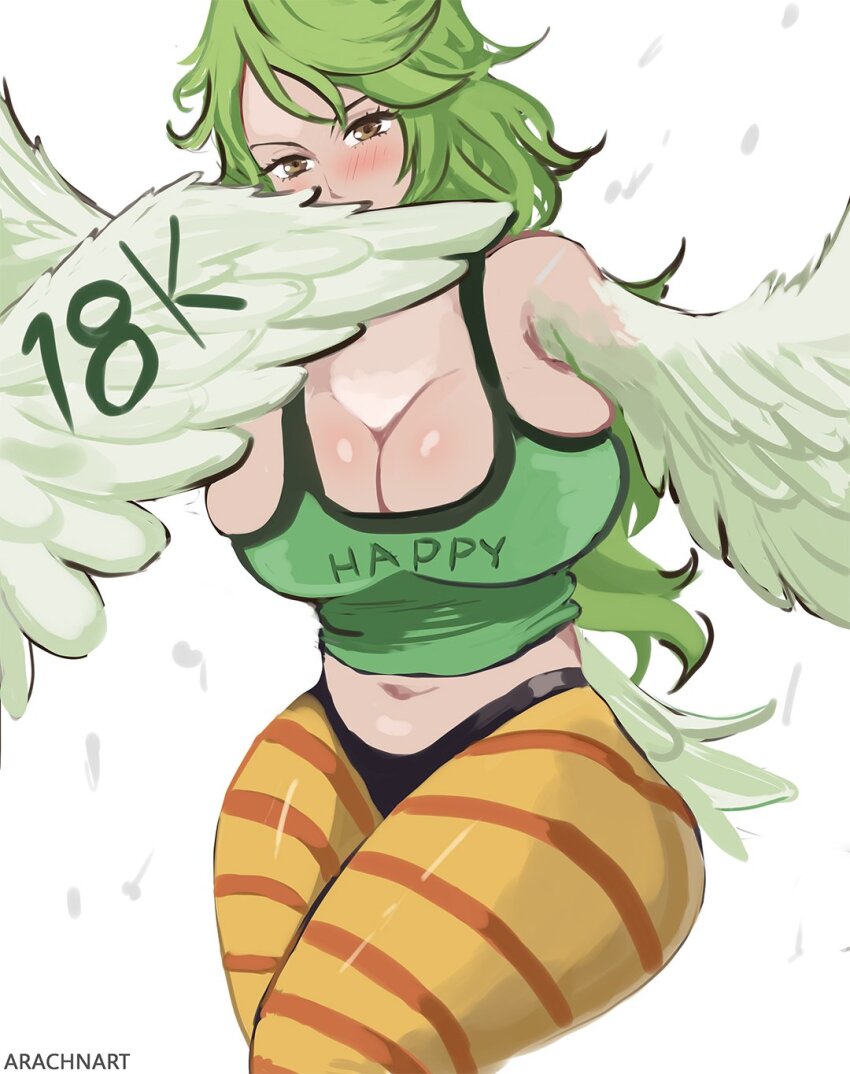 1girl arachnart blush breasts brown_eyes green_hair highres large_breasts monet_(one_piece) one_piece wings