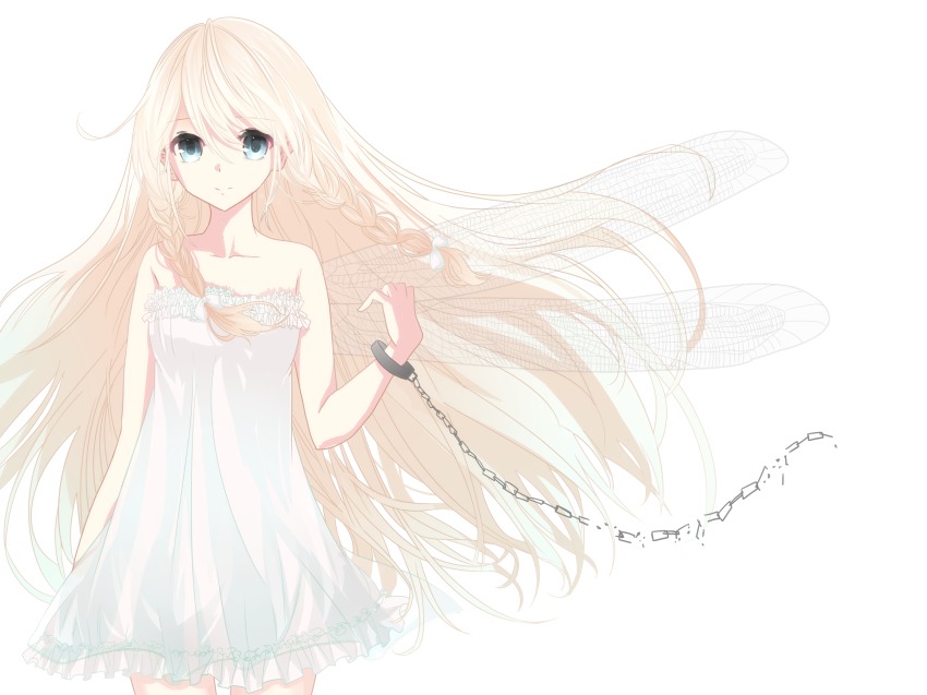 1girl blonde_hair blue_eyes braid chain dress female_focus highres ia_(vocaloid) insect_wings long_hair looking_at_viewer ren-0 single_wing solo strapless strapless_dress twin_braids very_long_hair vocaloid white_dress wings