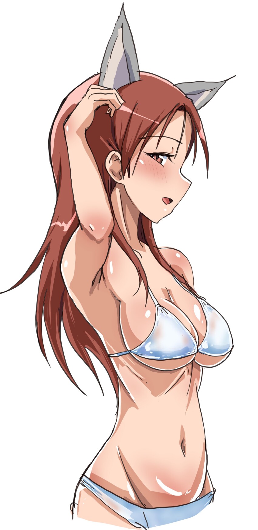 1girl absurdres animal_ears bikini blush breasts cleavage highres large_breasts long_hair looking_at_viewer minna-dietlinde_wilcke navel open_mouth rafale red_eyes red_hair simple_background smile solo strike_witches swimsuit white_background white_bikini wolf_ears world_witches_series