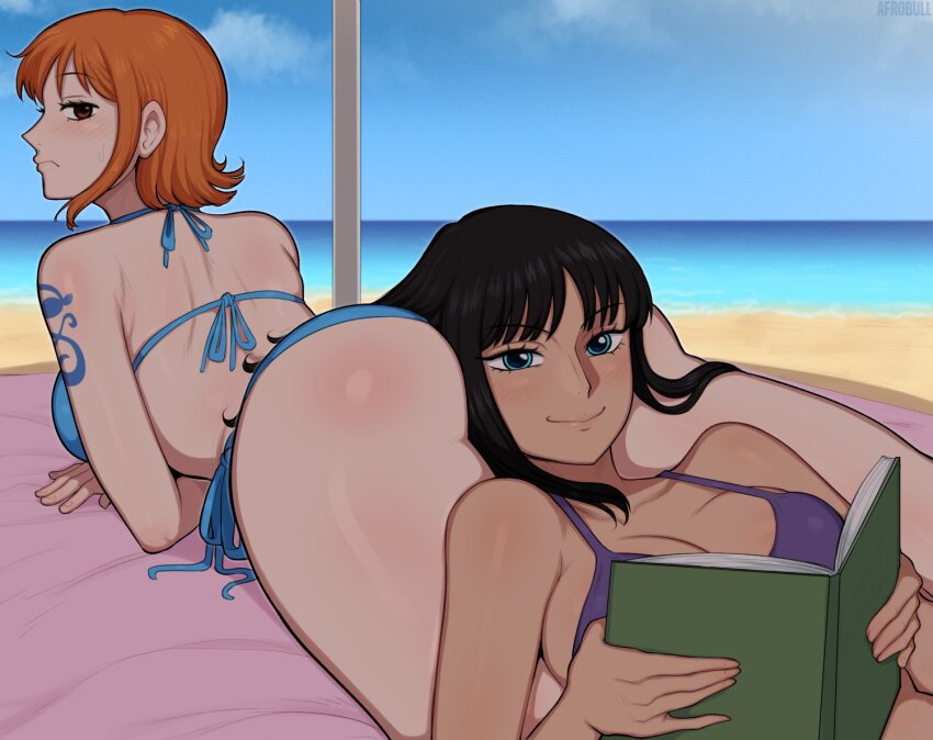 2girls afrobull ass beach beach_towel between_buttocks bikini black_hair blue_eyes blush book breasts brown_eyes head_on_ass holding holding_book long_hair lying multiple_girls nami_(one_piece) nico_robin on_back on_stomach one_piece open_book orange_hair outdoors shade short_hair swimsuit towel