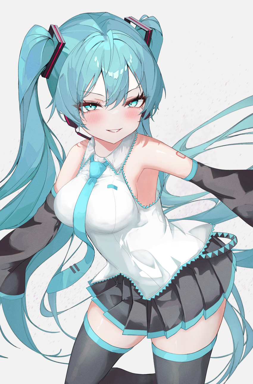 1girl absurdres bare_shoulders bow breasts commentary_request detached_sleeves eikawa_suru hair_bow half-closed_eyes happy hatsune_miku highres long_hair long_sleeves looking_at_viewer skirt solo twintails vocaloid