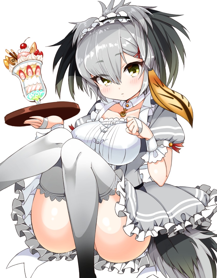 10s 1girl arato_asato ass bird_tail black_hair breasts collarbone commentary convenient_leg detached_collar eyes_visible_through_hair female_focus food frills green_eyes grey_hair grey_thighhighs hair_between_eyes hair_ornament highres holding holding_tray japari_symbol kemono_friends knees_together_feet_apart large_breasts looking_at_viewer low_ponytail maid_headdress multicolored_hair orange_hair parfait puffy_short_sleeves puffy_sleeves shoebill_(kemono_friends) short_sleeves solo tail thighhighs tray waitress wrist_cuffs