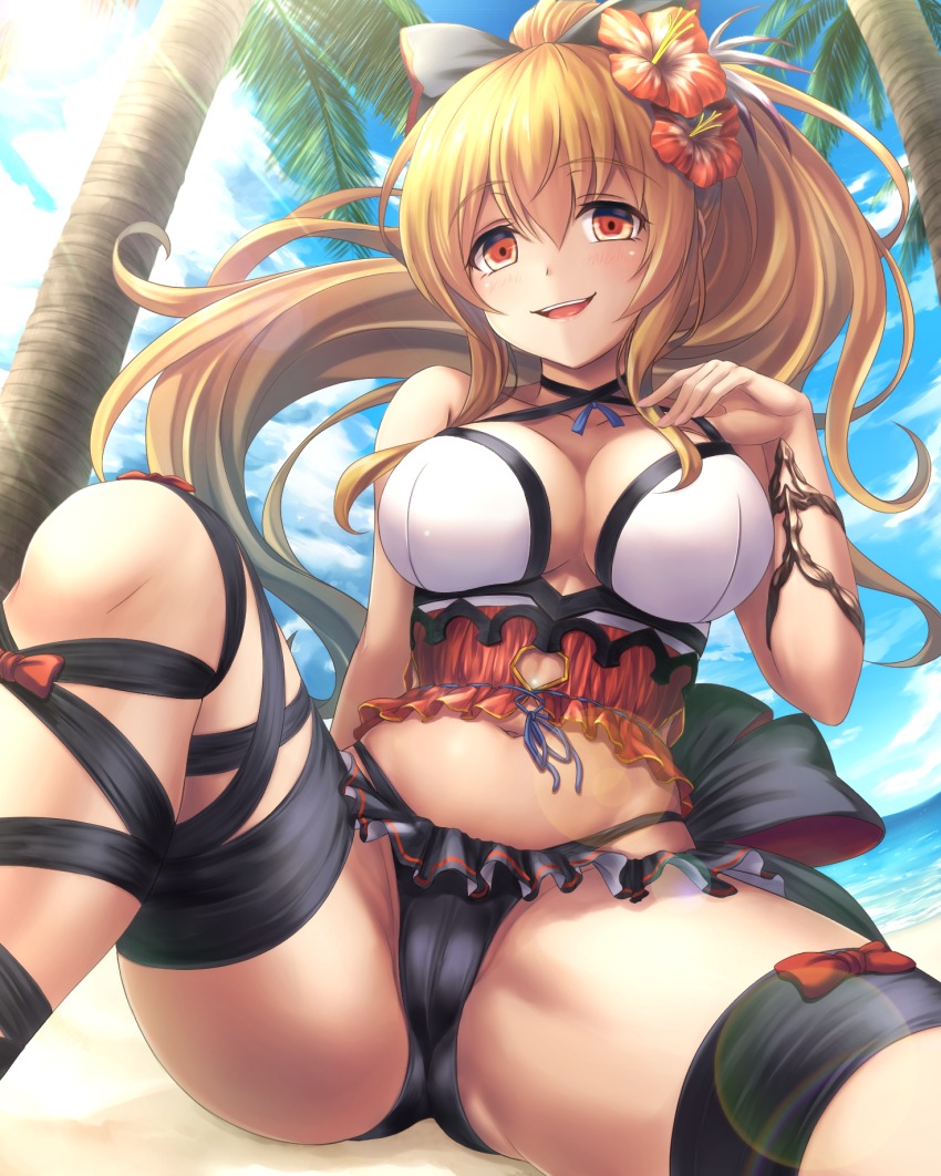 10s 1girl bad_id bad_pixiv_id bare_shoulders blonde_hair blush bow breasts cameltoe female_focus flower granblue_fantasy hair_bow hair_flower hair_ornament highres large_breasts long_hair looking_at_viewer open_mouth palm_tree ponytail red_eyes smile solo spread_legs tiphereth tree vira_(granblue_fantasy) vira_(summer)_(granblue_fantasy)