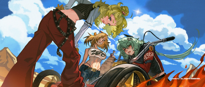 4girls aqua_hair bare_shoulders blonde_hair blue_sky breasts brown_gloves burnice_white caesar_king_(zenless_zone_zero) chinese_commentary cloud commentary_request crop_top day eyewear_on_head gloves hair_ornament hair_over_one_eye hand_on_own_hip helmet highres jacket large_breasts long_hair looking_at_viewer luciana_de_montefio midriff motor_vehicle multiple_girls navel official_art orange_eyes outdoors panties parted_lips piper_wheel red_panties side_ponytail sky smile sunglasses underwear yellow_eyes zenless_zone_zero