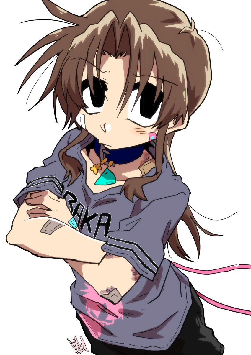 1girl absurdres bandaid bandaid_on_arm bandaid_on_face black_eyes black_shorts blue_collar brown_hair bruise collar ed-chan_(edkuroki) edkuroki grey_shirt hair_intakes highres injury long_hair messy_hair original pink_tail print_shirt shirt shorts signature simple_background solo tail white_background