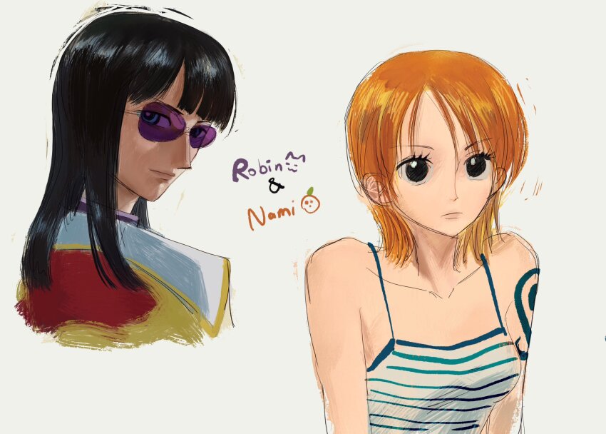 2girls arm_tattoo bare_shoulders black_hair blue_eyes blunt_bangs camisole character_name closed_mouth collared_shirt commentary highres linerynlasgalen looking_at_viewer medium_hair multiple_girls nami_(one_piece) nami_(one_piece)_(jaya) nico_robin nico_robin_(g-8) one_piece orange_hair profile shirt shoulder_tattoo simple_background sunglasses symbol-only_commentary tattoo upper_body white_background