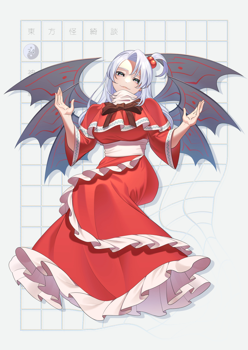 1girl absurdres bow capelet dress frilled_capelet frilled_dress frills grey_eyes grid_background guumin hair_bobbles hair_ornament highres long_hair long_sleeves multiple_wings mystic_square red_capelet red_dress ribbon shinki_(touhou) smile solo touhou touhou_(pc-98) turtleneck warped white_hair wide_sleeves wings