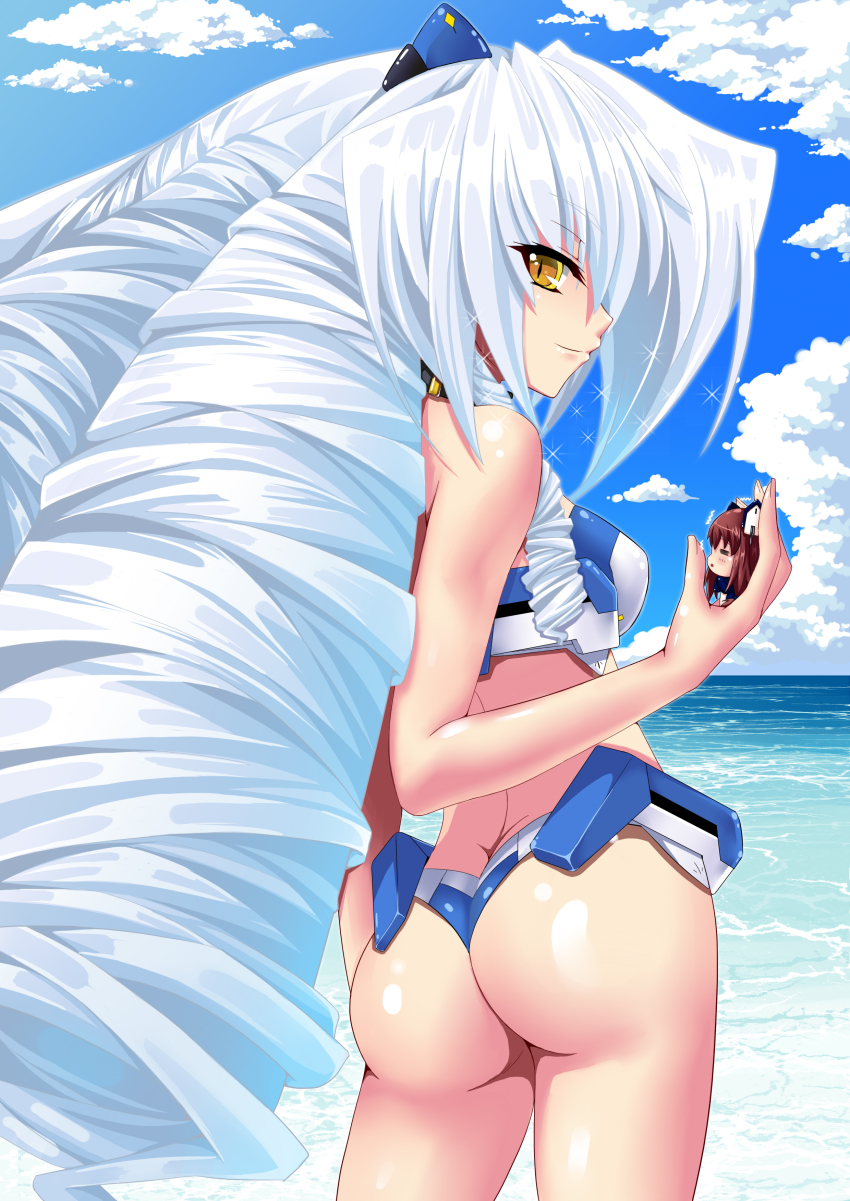 2girls absurdres ass bad_id bad_pixiv_id big_hair bikini breasts cloud day drill_hair f._walsingham f_walsingham highres kyoukaisenjou_no_horizon long_hair medium_breasts mini_person minigirl mizutsuki_rei multiple_girls nate_mitotsudaira ocean silver_hair sky slit_pupils smile sparkle swimsuit trembling very_long_hair yellow_eyes