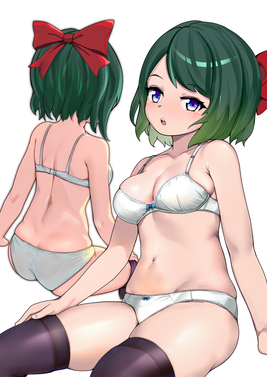 1girl ass back black_thighhighs blue_eyes bob_cut bow bow_bra bow_panties bra breasts butt_crack dedorudy dimples_of_venus from_behind green_hair hair_bow hand_on_own_thigh highres looking_at_viewer medium_breasts multiple_views open_mouth original panties red_bow ryoku-chan_(dedorudy) short_hair sitting thighhighs underwear underwear_only white_bra white_panties