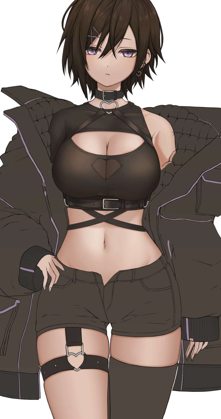 1girl absurdres bare_shoulders black_choker black_hair black_jacket black_shirt black_shorts black_thighhighs breasts chest_harness choker cleavage cleavage_cutout closed_mouth clothing_cutout cowboy_shot crop_top down_jacket earrings expressionless harness heart highres jacket jewelry kushinaka large_breasts long_sleeves looking_at_viewer midriff navel off_shoulder open_clothes open_fly open_jacket original puffy_long_sleeves puffy_sleeves purple_eyes shirt short_hair short_shorts shorts single_sleeve single_thighhigh skindentation solo stomach thigh_strap thighhighs unfinished