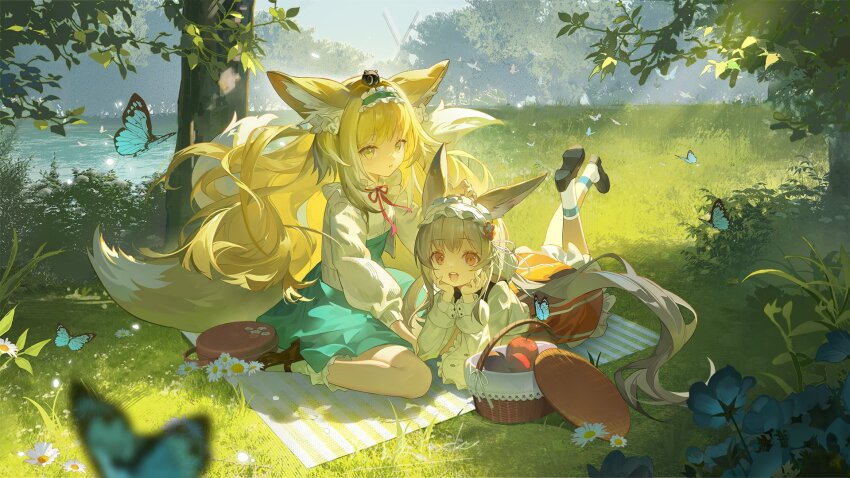 2girls animal_ear_fluff animal_ears apple aqua_dress aqua_flower arknights arm_support black_footwear blonde_hair brown_footwear bug butterfly chamomile creature creature_on_head day dress flower food forest fox_ears fox_girl fox_tail frilled_socks frills fruit grass grey_hair hair_ribbon hashtag-only_commentary heixiu highres insect long_hair long_sleeves looking_at_viewer luo_xiaohei_zhanji lying maid_headdress maipianvale multiple_girls multiple_tails nature neck_ribbon official_alternate_costume on_stomach open_mouth outdoors picnic picnic_basket rabbit_ears rabbit_girl red_eyes red_ribbon ribbon shirt sidelocks signature sitting socks suzuran_(arknights) suzuran_(spring_praise)_(arknights) tail teeth tree upper_teeth_only very_long_hair wariza warmy_(arknights) white_flower white_ribbon white_shirt white_socks windmill yellow_eyes