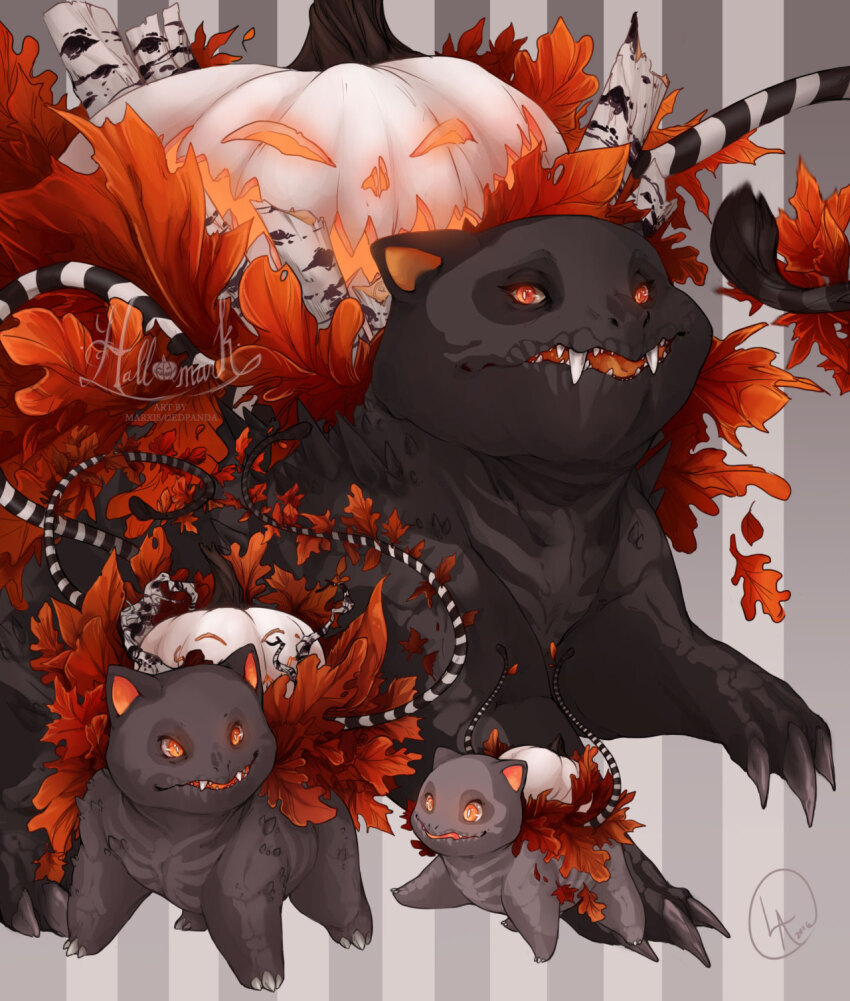 alternate_color animal_focus autumn bulbasaur claws creatures_(company) evolutionary_line fangs game_freak gen_1_pokemon halloween highres ivysaur jack-o&#039;-lantern leaf maple_leaf nintendo no_humans nostrils orange_eyes plant pokemon pokemon_(creature) pumpkin redesign redpandarama signature skeleton_print striped_background venusaur vines