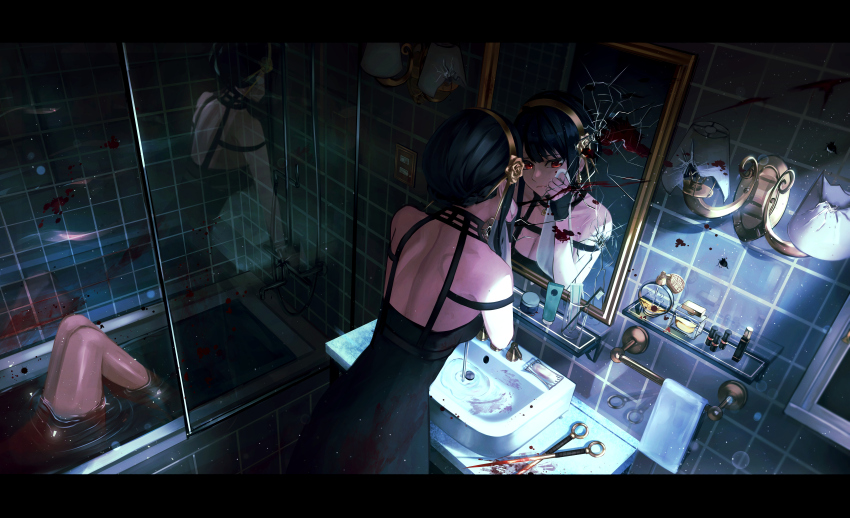 2girls absurdres assassination bare_shoulders bathroom bathtub black_dress black_hair blood blood_on_face blood_splatter bloody_weapon breasts broken_glass broken_mirror commentary_request dagger death dress fuzumie glass gold_hairband hair_bun hair_ornament hairband highres indoors knife large_breasts long_hair looking_at_mirror mirror multiple_girls partially_submerged red_eyes reflection sidelocks sink sleeveless sleeveless_dress solo_focus spy_x_family tile_wall tiles weapon wiping_blood wiping_face yor_briar