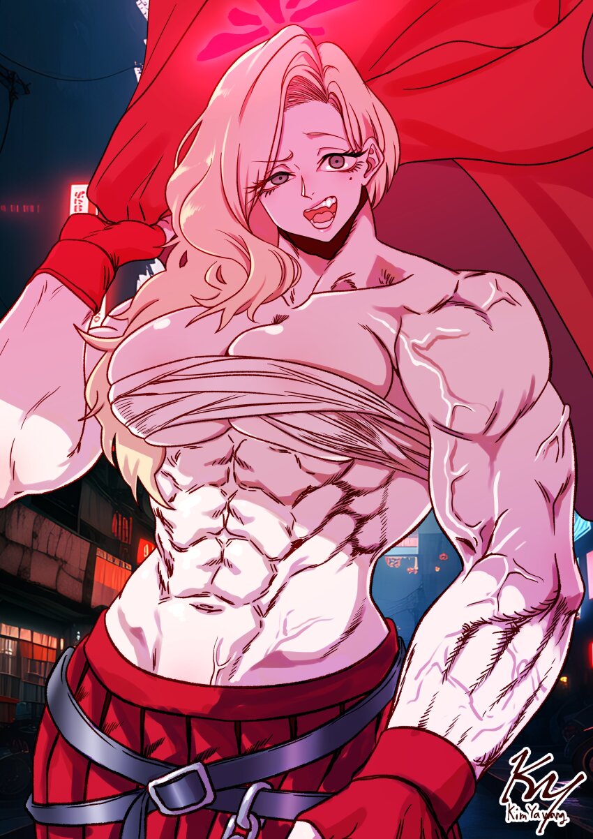 1girl abs absurdres akemi_(blue_archive) asymmetrical_hair blonde_hair blue_archive breasts chest_sarashi cropped_legs delinquent gloves hair_intakes halo highres kimyawang large_breasts long_hair mole mole_under_eye muscular muscular_female night open_mouth outdoors red_gloves red_halo sarashi standing sukeban veins veiny_arms