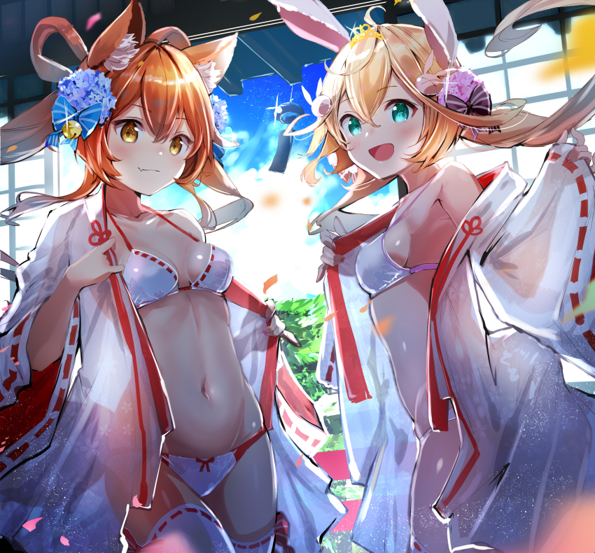 2girls absurdres animal_ears armpits bikini blonde_hair breasts coat fox_ears fran_(shironeko_project) fuku_kitsune_(fuku_fox) hair_ornament highres korin_(shironeko_project) medium_breasts multiple_girls navel ponytail shironeko_project swimsuit thighhighs