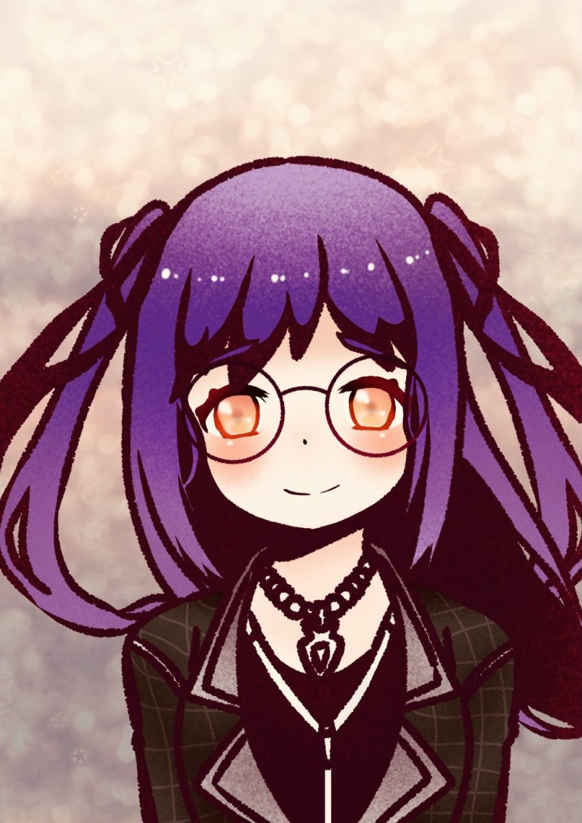 1girl black_hoodie black_jacket blush closed_mouth eyebrows female_focus glasses hair_ribbon highres hood hoodie jacket jewelry looking_at_viewer necklace orange_eyes purple_hair ribbon round_eyewear shin_subarashiki_kono_sekai smile solo subarashiki_kono_sekai twintails upper_body usui_nagi