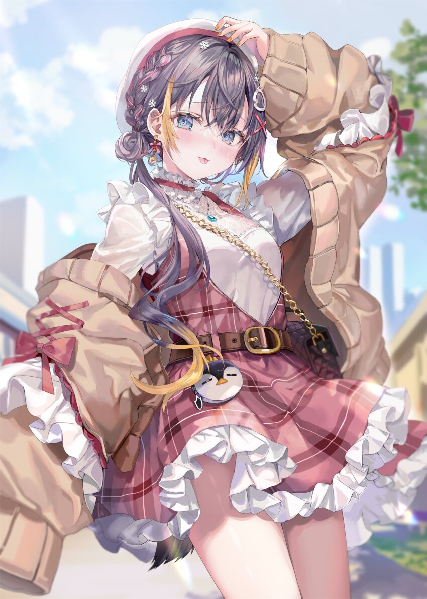 1girl arm_up bag belt black_bag black_hair blonde_hair braid brown_belt brown_coat closed_mouth coat collar dress earrings frilled_collar frilled_dress frills hair_ornament highres jewelry long_hair long_sleeves looking_at_viewer momoko_(momopoco) multicolored_eyes multicolored_hair nijisanji nijisanji_en outdoors petra_gurin petra_gurin_(3rd_costume) pink_dress pink_hair shoulder_bag snowflake_hair_ornament solo standing striped_clothes striped_dress tongue tongue_out virtual_youtuber white_collar white_headwear x_hair_ornament