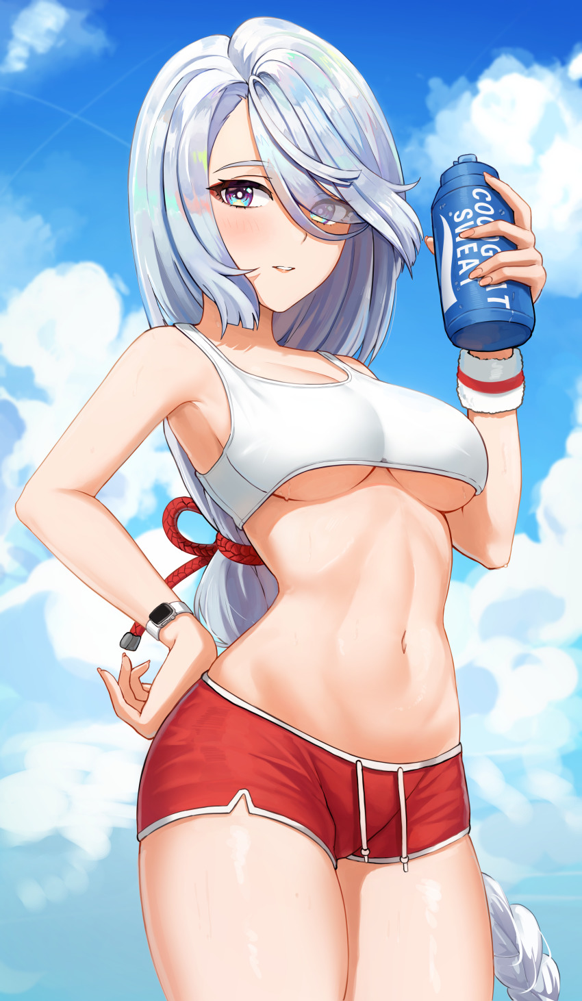 1girl absurdres blue_eyes blue_sky bottle braid brand_name_imitation breasts cloud commentary cowboy_shot drawstring english_commentary exercising eyes_visible_through_hair genshin_impact gym_uniform hair_over_one_eye hand_on_own_hip highres holding holding_bottle large_breasts long_hair looking_at_viewer low-braided_long_hair low-tied_long_hair matmaj midriff navel outdoors parted_lips pocari_sweat shenhe_(genshin_impact) shiny_skin short_shorts shorts silver_hair sky solo sports_bra standing underboob very_long_hair watch water_bottle wristband wristwatch