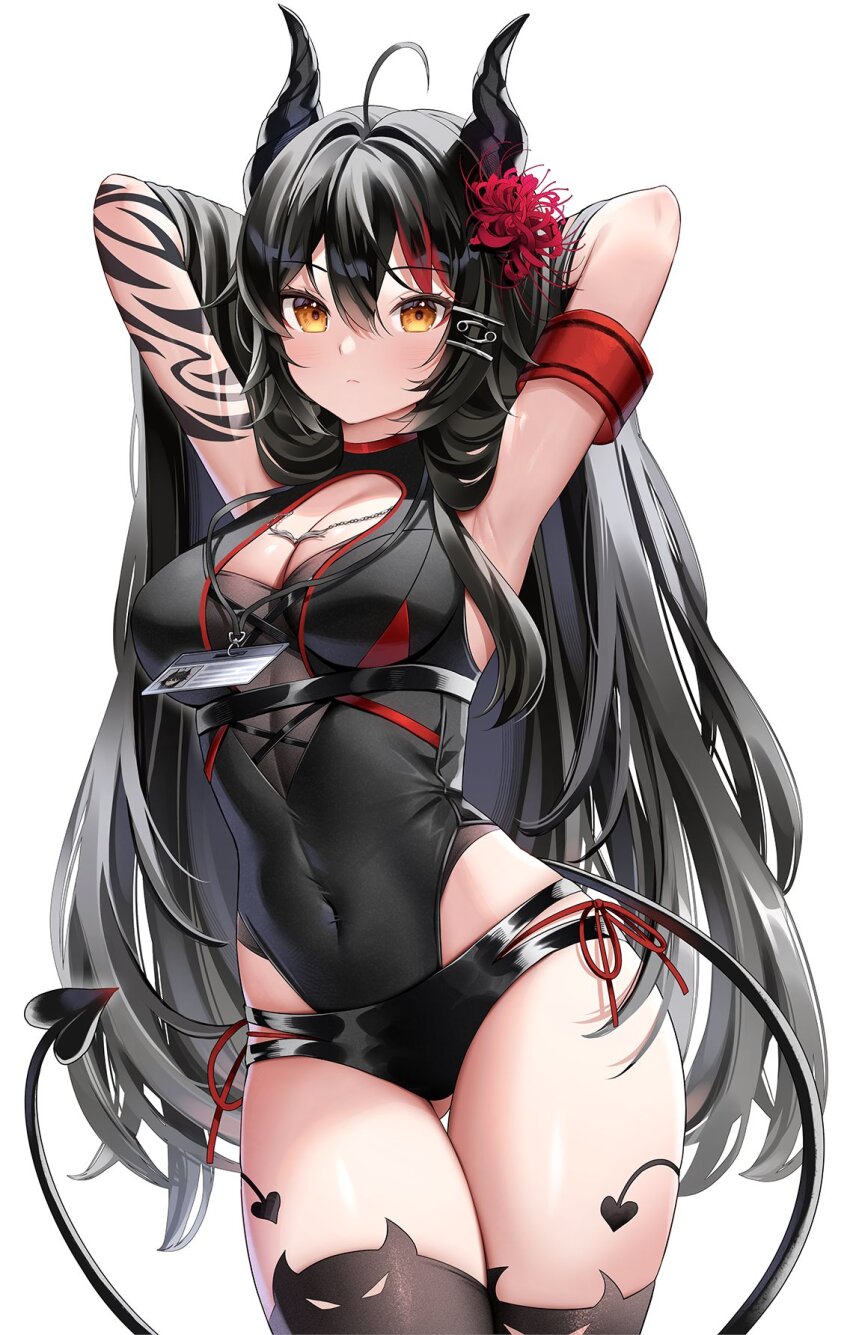 1girl 69_(meme) ahoge armband armpits arms_behind_head arms_up bare_shoulders bikini bikini_bottom_only black_bikini black_hair black_leotard black_thighhighs breasts cleavage cleavage_cutout closed_mouth clothing_cutout commission covered_navel cowboy_shot demon_girl demon_horns demon_tail expressionless flower gluteal_fold hair_flower hair_ornament hairclip highleg highleg_leotard highres horns id_card leotard long_hair looking_at_viewer medium_breasts meme multi-strapped_bikini nami_(nyaa) orange_eyes original panties panty_straps shoulder_tattoo side-tie_panties side-tie_peek simple_background solo spider_lily string_panties swimsuit tail tattoo thigh_gap thighhighs thighs underwear very_long_hair white_background