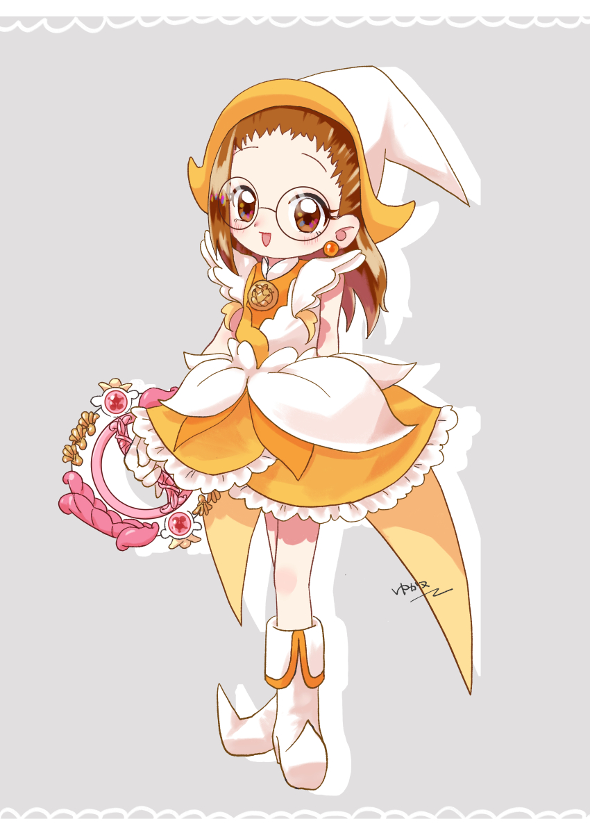 1girl absurdres boots brown_eyes brown_hair dress earrings fujiwara_hazuki full_body glasses gloves grey_background hair_slicked_back hat highres holding holding_weapon jewelry long_hair looking_at_viewer magical_girl ojamajo_doremi open_mouth orange_dress smile solo two-tone_dress weapon white_boots white_dress white_gloves white_hat witch_hat yknu_oekaki