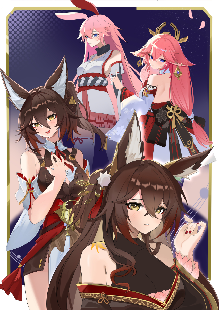 4girls absurdres animal_ear_fluff animal_ears back black_dress breasts brown_hair chinese_clothes chinese_commentary commentary_request company_connection dress earrings fox_ears fox_girl fugue_(honkai:_star_rail) genshin_impact highres honkai:_star_rail honkai_(series) honkai_impact_3rd japanese_clothes jewelry large_breasts long_hair mihoyo multiple_girls nontraditional_miko npp_(artist) open_mouth parted_lips pink_hair pink_skirt purple_background purple_eyes red_nails sakura_ayane skirt smile tingyun_(honkai:_star_rail) voice_actor_connection white_dress yae_miko yae_sakura yae_sakura_(gyakushinn_miko) yellow_eyes