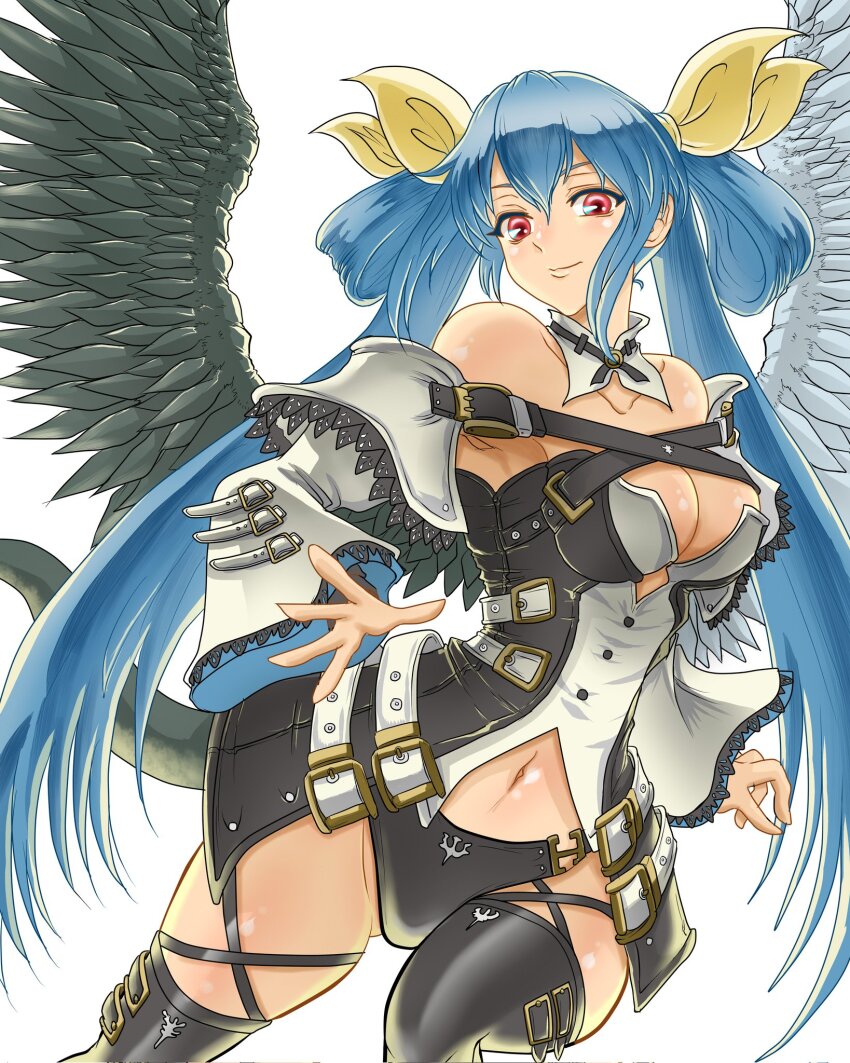 1girl angel_wings asymmetrical_wings bare_shoulders belt black_panties black_thighhighs blue_hair blush breasts cleavage cleavage_cutout closed_mouth clothing_cutout collarbone detached_collar detached_sleeves dizzy_(guilty_gear) eiji_(illustr92828969) feathered_wings guilty_gear guilty_gear_xrd hair_between_eyes hair_rings highres long_hair looking_at_viewer midriff navel panties red_eyes ribbon sidelocks smile solo tail thick_thighs thigh_strap thighhighs thighs twintails underwear wide_sleeves wings yellow_ribbon