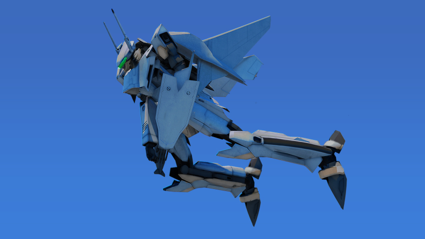 bad_id bad_pixiv_id cannon flying gradient_background gunpod highres macross macross_frontier mars_br mecha no_humans outdoors realistic robot science_fiction shield simple_background sky solo vf-25