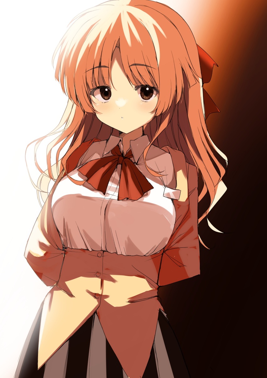 1girl arms_behind_back black_skirt blush bow breasts brown_eyes collared_shirt commentary cowboy_shot dress_shirt hair_ribbon highres large_breasts long_hair long_sleeves looking_at_viewer orange_hair parted_bangs parted_lips red_bow red_ribbon ribbon sanpaku sayonara_wo_oshiete school_uniform shirt sidelighting sidelocks simple_background skirt solo takepoison ueno_koyori white_shirt