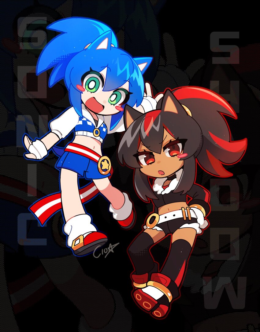 2girls :d :o animal_ears belt black_choker black_hair black_jacket black_shirt black_shorts black_thighhighs blue_hair blue_shorts blush_stickers character_name choker ciosuii cropped_jacket dark-skinned_female dark_skin deformed fingerless_gloves fur-trimmed_jacket fur_trim genderswap genderswap_(mtf) gloves green_eyes hair_between_eyes hedgehog_girl highres humanization jacket long_hair multicolored_hair multiple_girls open_mouth ponytail red_eyes red_footwear red_hair shadow_the_hedgehog shirt shorts sidelocks signature single_blush_sticker smile sonic_(series) sonic_the_hedgehog streaked_hair tail thighhighs white_gloves white_jacket