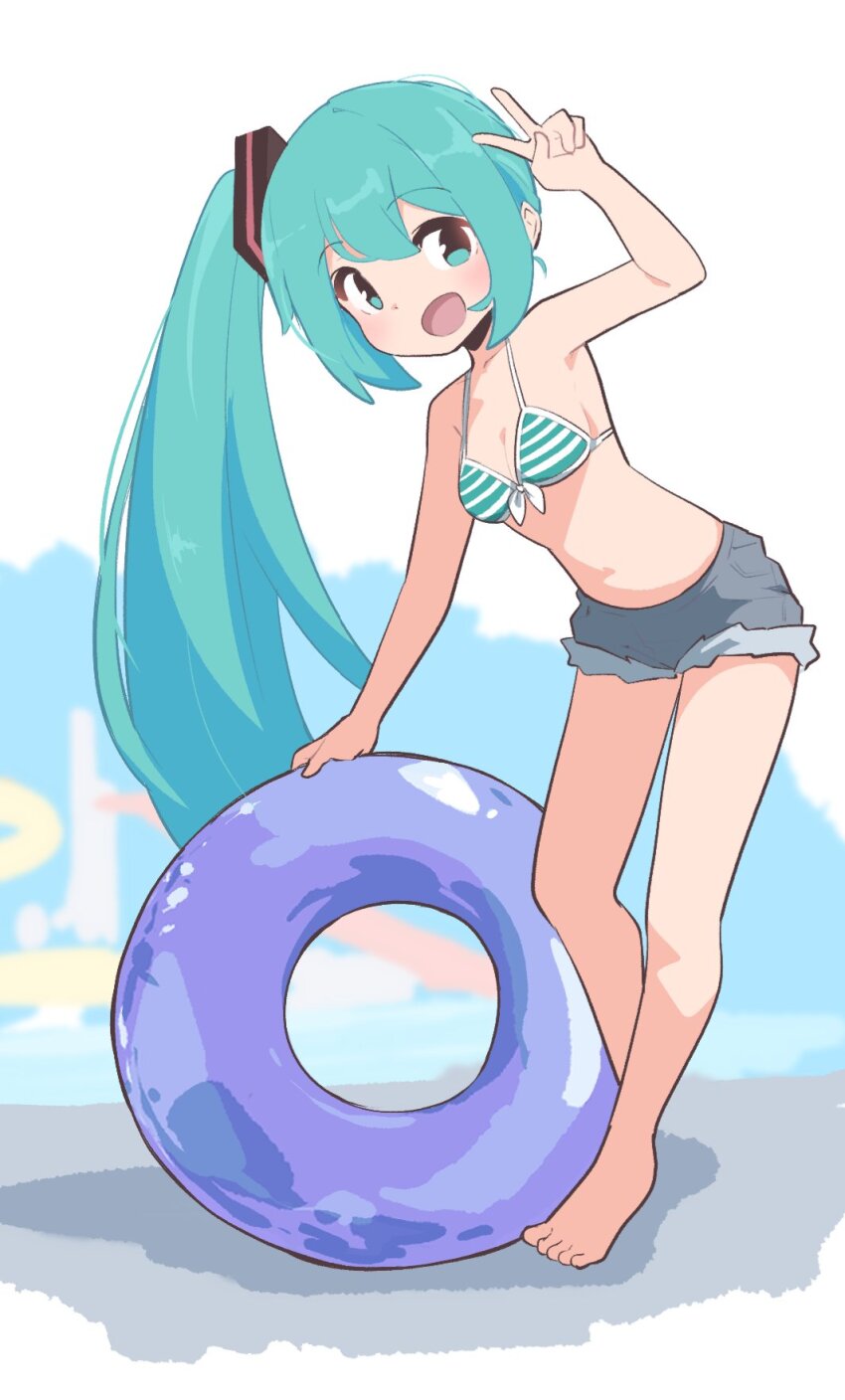 1girl aqua_eyes aqua_hair barefoot beach bikini bikini_top_only hatsune_miku highres looking_at_viewer poyo_party short_shorts shorts side_ponytail swim_ring swimsuit v vocaloid waterpark