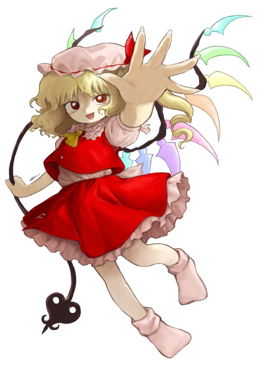 1girl absurdres ascot blonde_hair dress fang flandre_scarlet full_body hat highres holding holding_weapon laevatein_(touhou) looking_at_viewer mob_cap open_mouth outstretched_arms puffy_short_sleeves puffy_sleeves red_dress red_eyes ribbon sakumo_(okura_oishiiii) short_hair short_sleeves side_ponytail simple_background skirt skirt_set smile socks solo touhou weapon wings yellow_ascot zun_(style)