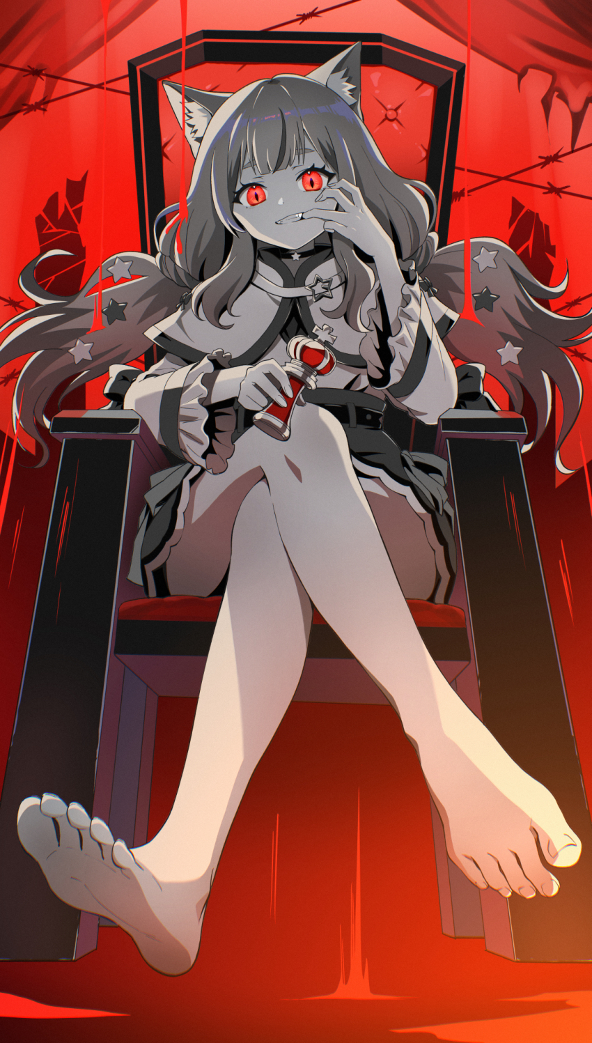 1girl animal_ears barefoot chess_piece crossed_legs feet grin highres honshiro_nikori long_hair looking_at_viewer red_eyes smile soles toes