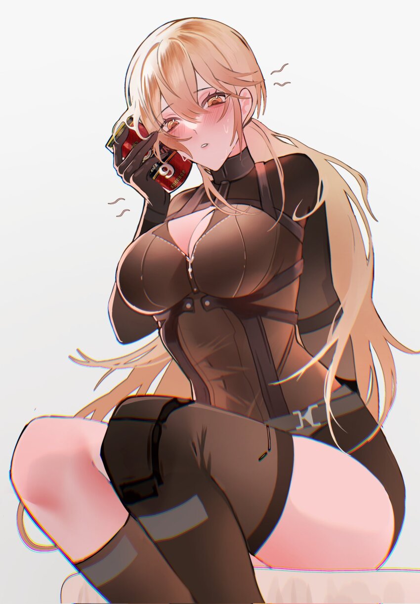 1girl asymmetrical_legwear blonde_hair blush bodysuit breasts can can_on_head cleavage_cutout closed_mouth clothing_cutout drink_can eyebrows_hidden_by_hair girls&#039;_frontline girls&#039;_frontline_2:_exilium hair_between_eyes highres holding holding_can large_breasts long_hair looking_at_viewer ots-14_(girls&#039;_frontline) sanya_(sanya_lox228) simple_background sitting soda_can solo thighhighs thighs white_background yellow_eyes