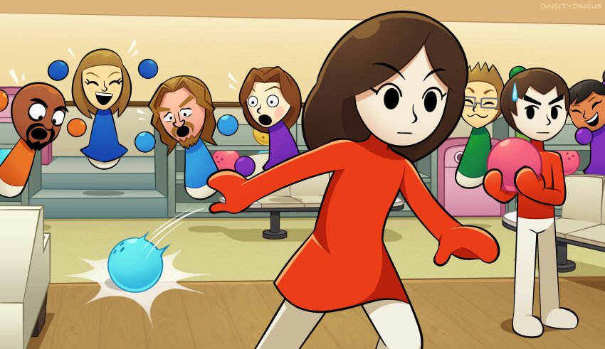 4boys 4girls abby_(mii) ball blonde_hair bowling bowling_alley bowling_ball brown_hair cheering disembodied_hand elisa_(mii) failure glasses guest_mii highres holding holding_ball laughing long_hair matt_(wii) mii_(nintendo) miyu_(mii) multiple_boys multiple_girls nick_(mii) nintendo open_mouth ryan_(mii) short_hair spiked_hair surprised sweatdrop vinny_(dingitydingus) wii_sports