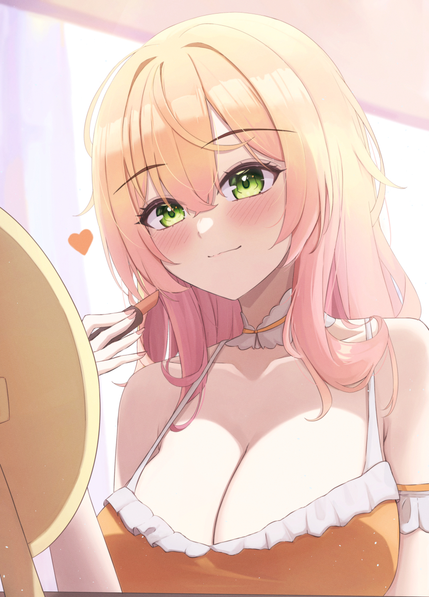 1girl absurdres bare_shoulders blonde_hair breasts cleavage green_eyes highres hololive long_hair mofu07519 momosuzu_nene smile solo virtual_youtuber