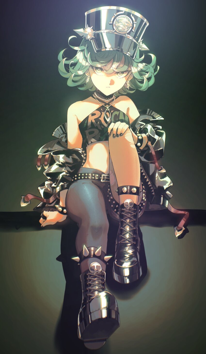 1girl alternate_costume arm_up belt black_footwear black_hat black_pants boots bracelet crop_top curly_hair green_eyes green_hair hat highres jacket jewelry mono_(lovenedesiko) off_shoulder one-punch_man open_clothes open_jacket pants ring sitting sleeveless spiked_anklet spiked_bracelet spikes studded_belt tatsumaki