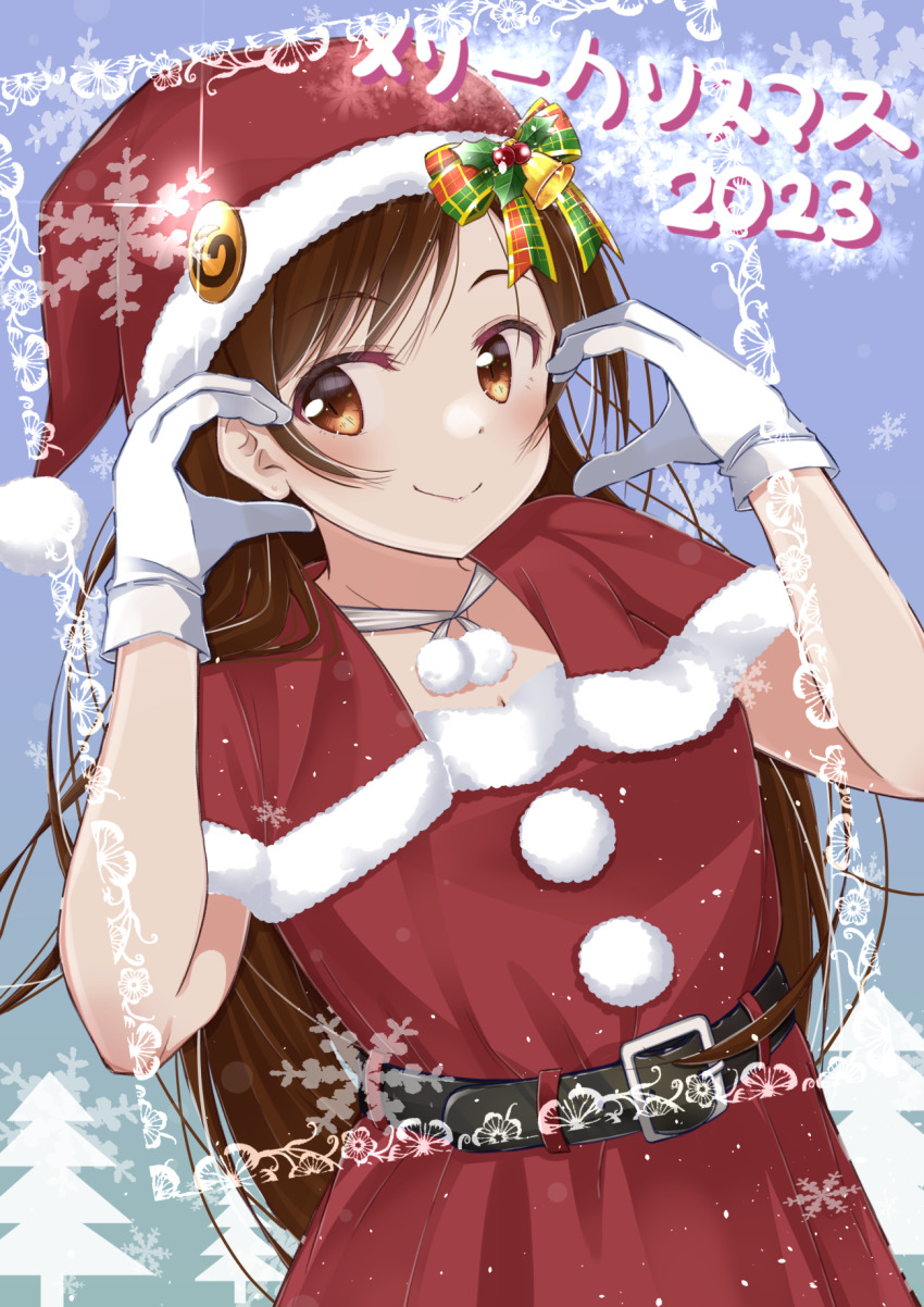 1girl 2023 belt bow breasts brown_eyes brown_hair capelet christmas cleavage dress fur-trimmed_capelet fur-trimmed_dress fur_trim glint gloves hat hat_bow heart heart_hands highres kanojo_okarishimasu long_hair looking_to_the_side mizuhara_chizuru oyatsu_(1727318) pom_pom_(clothes) santa_dress santa_hat smile snowflakes solo translation_request upper_body